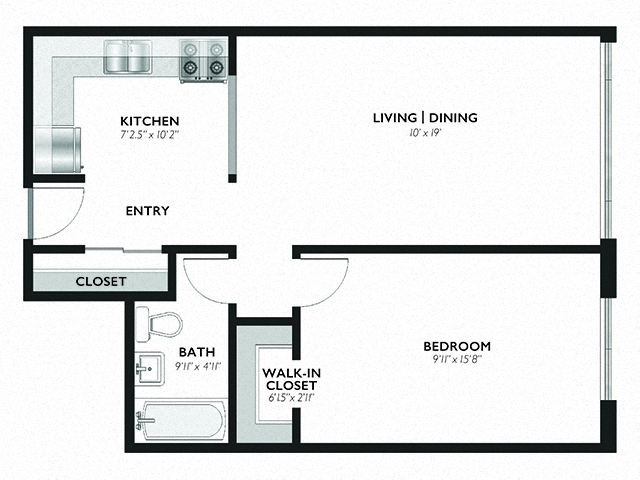 Floor plan for 1 bed, 1 bath, 586 sqft